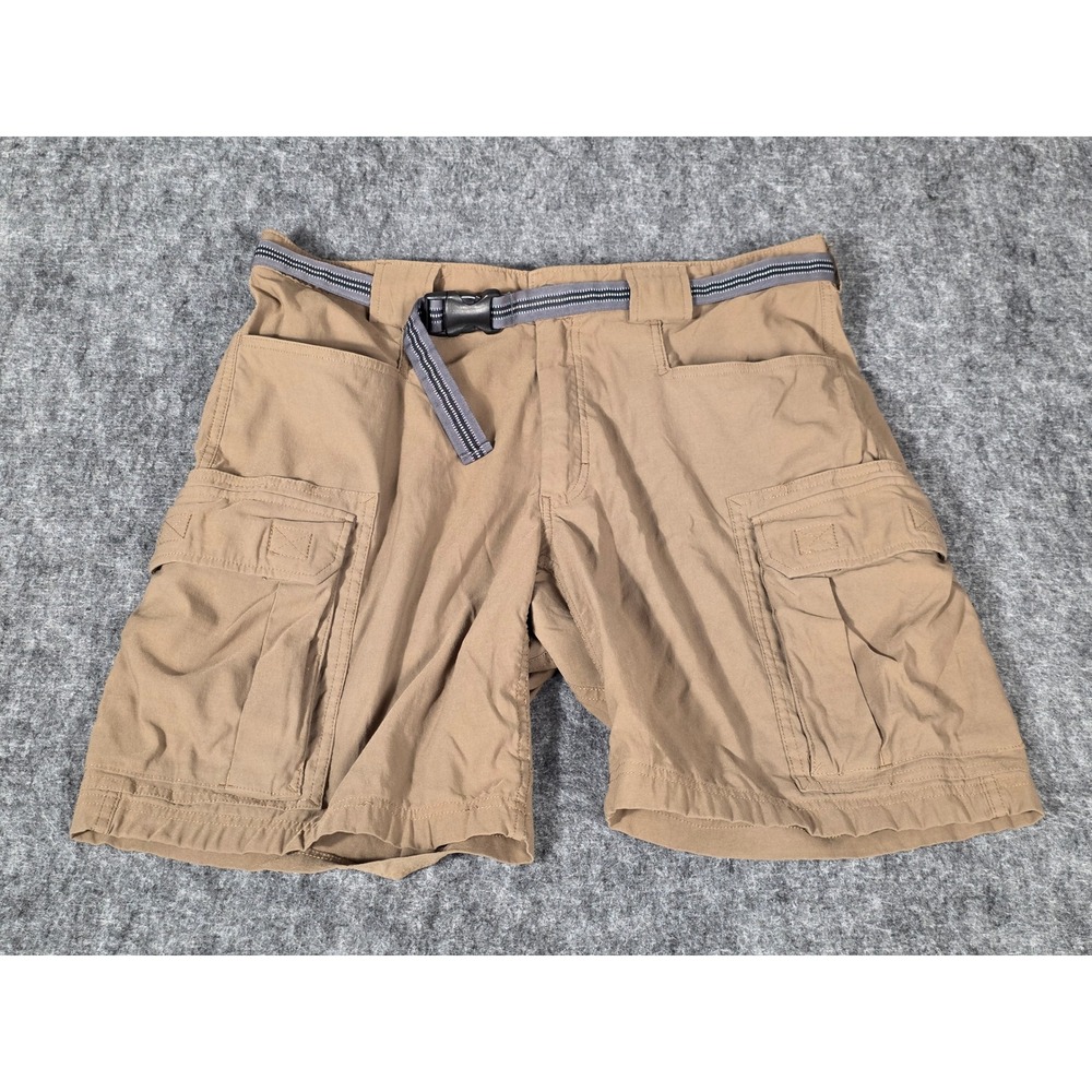 Duluth Trading Dry on the Fly Cargo Shorts Mens Large Tan Web Belt 9 Inseam